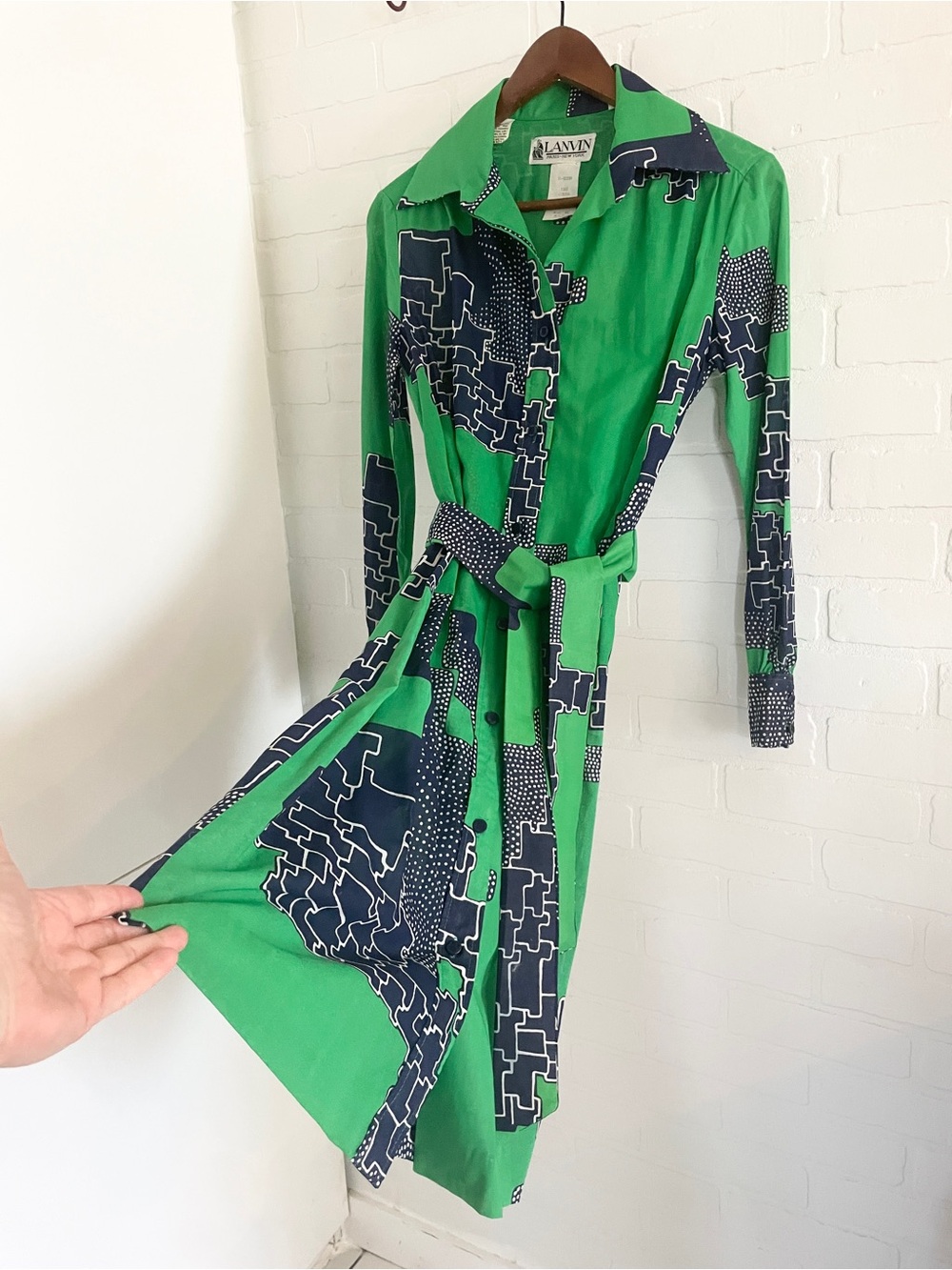 Rare 70s Lanvin Geometric Cotton Midi Shirt Dress Belted Sz 12 - Picture 5 of 16